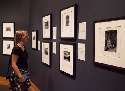 student looks at framed photos in a gallery